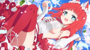 Rating: Safe Score: 23 Tags: animal_ears aqua_eyes blush bow breasts clouds dress fang feathers headdress leaves long_hair multiple_tails original red_hair shiro9jira sideboob sky tail thighhighs User: BattlequeenYume