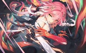 Rating: Safe Score: 25 Tags: braids breasts changli_(wuthering_waves) cleavage close dress fire long_hair magic orange_eyes pink_hair rotix thighhighs wuthering_waves User: otaku_emmy