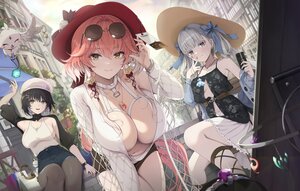 Rating: Questionable Score: 30 Tags: abby_(wuthering_waves) black_hair blush bow braids breasts brown_eyes building changli_(wuthering_waves) city cleavage female_rover_(wuthering_waves) gray_eyes gray_hair hat jinhsi_(wuthering_waves) long_hair navel necklace no_bra open_shirt pantyhose phone pink_hair ribbons short_hair shorts sideboob skirt sunglasses twintails wristwear wuthering_waves yellow_eyes zero_lime User: BattlequeenYume