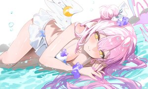 Rating: Safe Score: 28 Tags: bikini blue_archive blush bow breasts cleavage close halo haruri long_hair misono_mika pink_hair signed skirt swimsuit water wings wristwear yellow_eyes User: BattlequeenYume