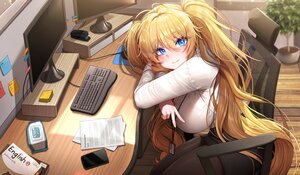 Rating: Questionable Score: 11 Tags: blonde_hair blue_eyes blush book bra breasts computer doyoon_7 long_hair original pantyhose paper phone see_through shirt skirt twintails underwear User: BattlequeenYume