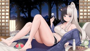 Rating: Safe Score: 28 Tags: animal_ears barefoot bed blush breasts catgirl cleavage clouds drink food green_eyes japanese_clothes leaves long_hair navel night original sake shorts silhouette sky somyo_(s0my0) tree User: BattlequeenYume