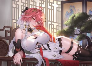 Rating: Safe Score: 37 Tags: bow braids breasts changli_(wuthering_waves) cleavage dress garter long_hair orange_eyes thighhighs tree wuthering_waves yaxiya User: BattlequeenYume