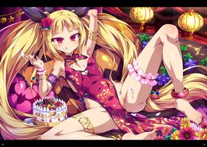 Rating: Questionable Score: 176 Tags: blazblue blonde_hair breasts cake chinese_clothes chinese_dress dress erect_nipples food garter long_hair no_bra nopan rachel_alucard red_eyes spread_legs toraishi_666 twintails wristwear User: FormX