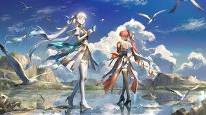 Rating: Safe Score: 17 Tags: 2girls animal bird boots butterfly changli_(wuthering_waves) chinese_clothes clouds dress garter gray_eyes gray_hair jinhsi_(wuthering_waves) long_hair orange_eyes pink_hair ponytail reflection scenic sky thighhighs twintails water wristwear wuthering_waves xi_liu zettai_ryouiki User: BattlequeenYume