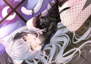 Rating: Safe Score: 27 Tags: animal_ears blush bow catgirl clouds collar fang gothic gray_hair long_hair moon night rucaco signed sky tail thighhighs yazuki_(vtuber) yellow_eyes User: otaku_emmy