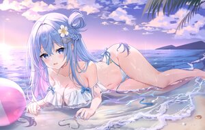 Rating: Questionable Score: 53 Tags: ball barefoot beach bikini blue_eyes blue_hair blush bow braids breasts cleavage clouds long_hair mayo_(miyusa) navel original ribbons see_through sky swimsuit water User: BattlequeenYume
