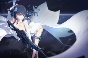 Rating: Questionable Score: 38 Tags: ass black_hair blue_archive blue_eyes bow breasts choker cleavage elbow_gloves garter gloves gun halo joumae_saori knife long_hair no_bra nopan penguin_say ponytail ribbons weapon User: BattlequeenYume