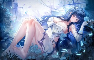 Rating: Safe Score: 55 Tags: barefoot blue_archive blue_eyes blue_hair blush braids breasts building city cleavage flowers grass halo joumae_saori long_hair petals rose ruins sky tansuan_(ensj3875) torn_clothes watermark User: BattlequeenYume