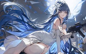 Rating: Safe Score: 45 Tags: akizero1510 blue_archive blue_hair bow breasts building choker city cleavage clouds dress elbow_gloves flowers garter_belt gloves gray_eyes gun halo joumae_saori long_hair night ponytail rose sky stars stockings weapon User: BattlequeenYume