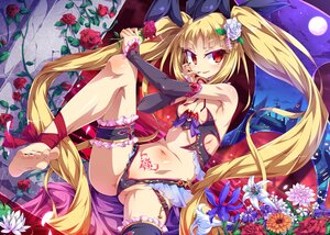 Rating: Questionable Score: 207 Tags: barefoot blazblue blonde_hair elbow_gloves flat_chest flowers garter gloves long_hair moon navel night rachel_alucard red_eyes rose tattoo thighhighs toraishi_666 twintails User: FormX