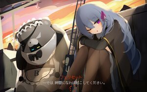 Rating: Safe Score: 10 Tags: anthropomorphism apron ash_arms blue_hair bow cape crossover felicette_(marfusha) headdress kv-2_(ash_arms) long_hair marfusha matsudai_d pantyhose purple_eyes ribbons skirt sleeping translation_request weapon wink User: lowhdeath