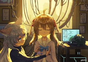 Rating: Safe Score: 17 Tags: 2girls animal animal_ears annytf bow brown_hair building city computer foxgirl gray_hair heart kapxapius long_hair neuro-sama purple_eyes ribbons shirt signed silhouette sky techgirl turtle vedal987 User: lowhdeath
