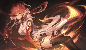 Rating: Safe Score: 25 Tags: braids breasts changli_(wuthering_waves) cleavage dress fire garter long_hair magic mask orange_eyes pink_hair skyde_kei thighhighs torn_clothes wuthering_waves User: BattlequeenYume